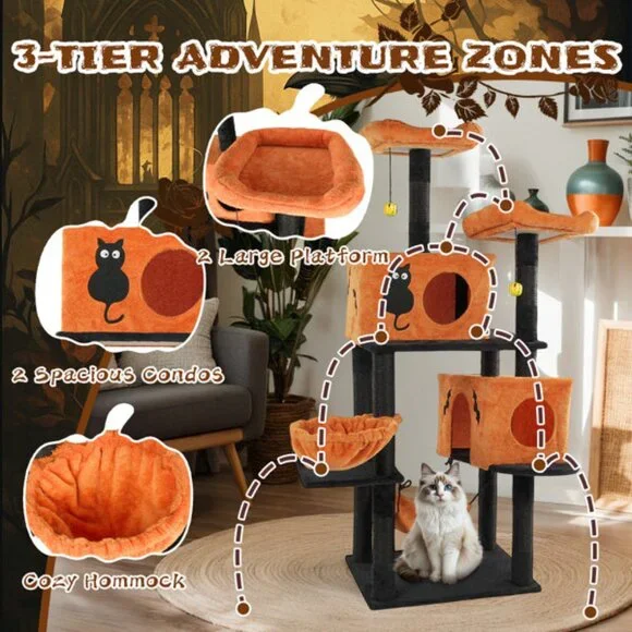 WhatDaDog 60 Cat Tree Spooky Halloween Cat Scratcher Post Cat Tower Fall Theme